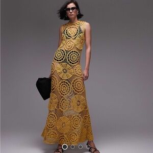 Topshop knitted crochet sleeveless maxi dress in mustard